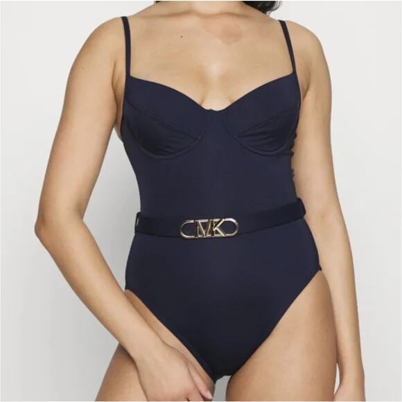 NWT Michael Kors One Piece Bathing Suit Navy Blue Belted Logo 1-PC Swimsuit Sz S - Picture 1 of 6